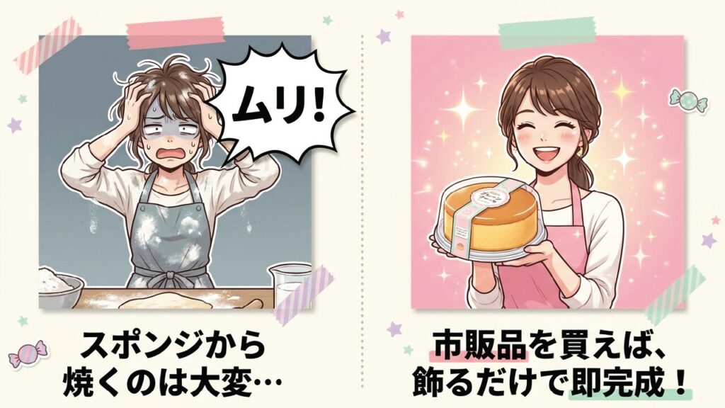 スポンジから焼くのは大変でも市販品なら飾るだけでケーキが完成することを説明する画像