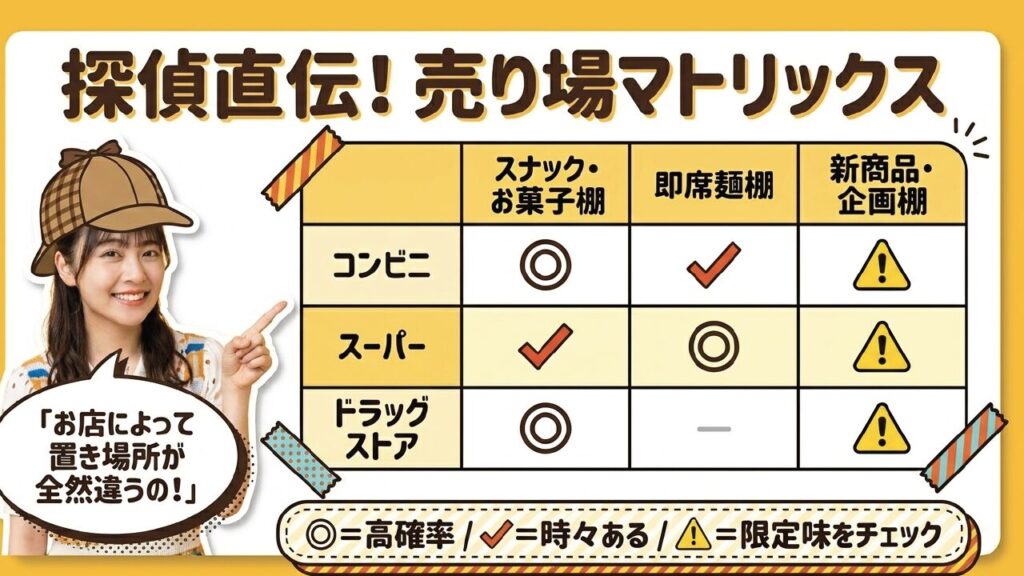 コンビニやスーパーなど販売店別の0秒チキンラーメン売り場マトリックス
