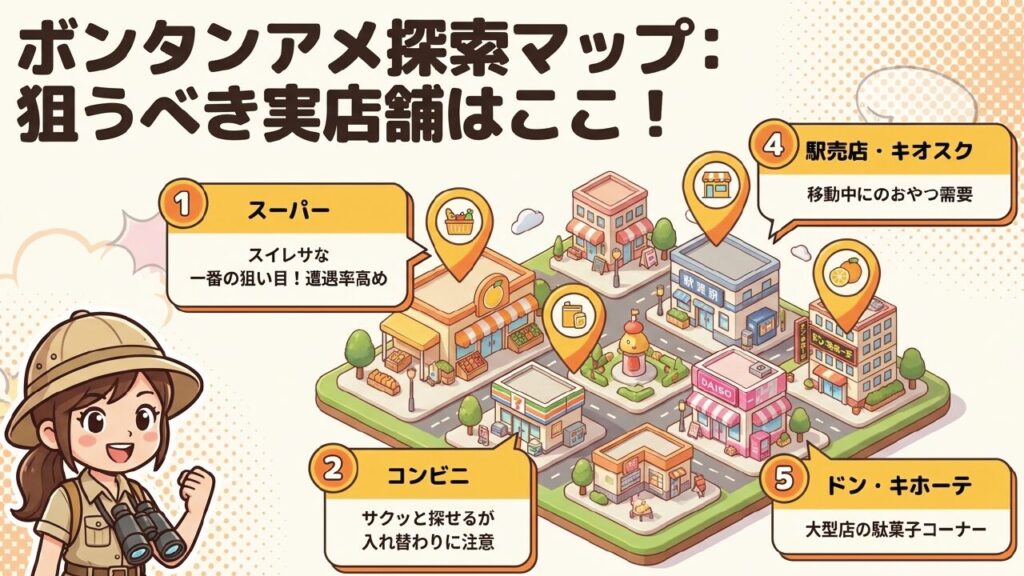 ボンタンアメ探索マップ。スーパー、コンビニ、ダイソー、ドン・キホーテ、駅売店を網羅