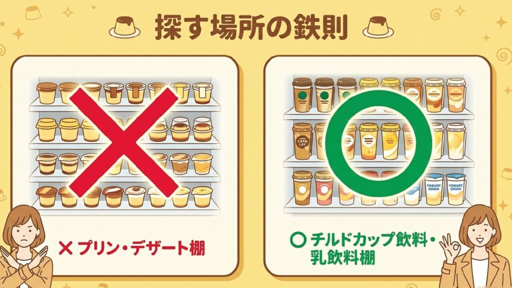 探す場所の鉄則：プリン棚ではなくチルド飲料棚を探す