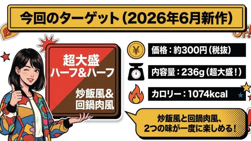 2026年6月発売のペヤング新作「超大盛ハーフ＆ハーフ炒飯風＆回鍋肉風」の特徴