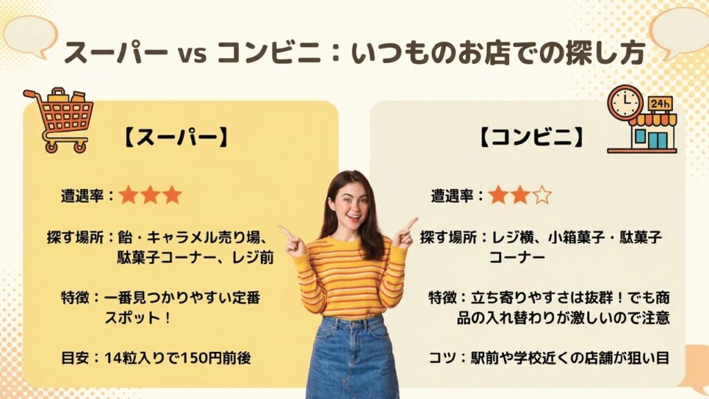 スーパーとコンビニでのボンタンアメの探し方比較。スーパーは遭遇率が高く、コンビニはサクッと探せるのが特徴