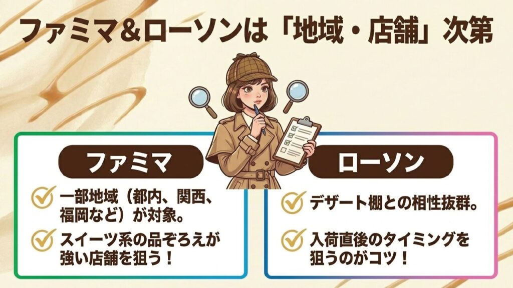 ファミマとローソンは地域や店舗次第。スイーツ系の棚を狙う
