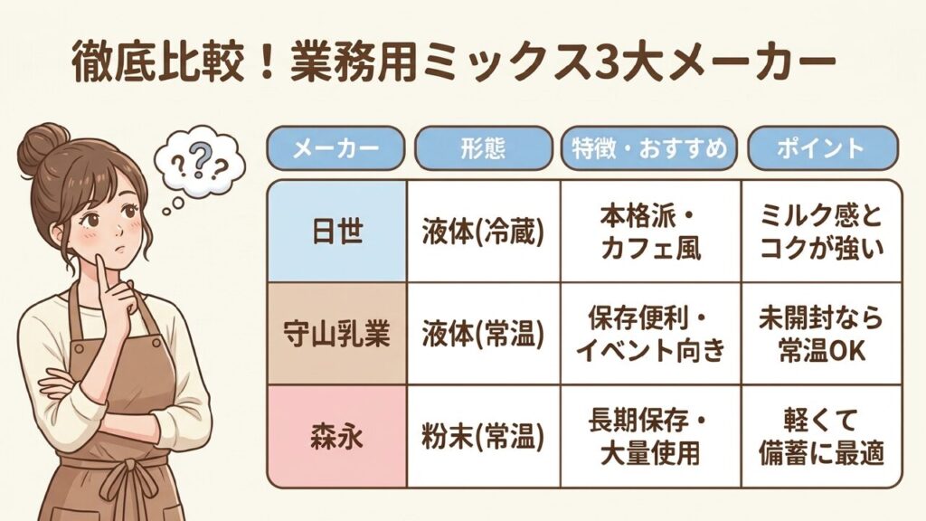 業務用ソフトクリームミックス3大メーカー（日世・守山乳業・森永）の徹底比較