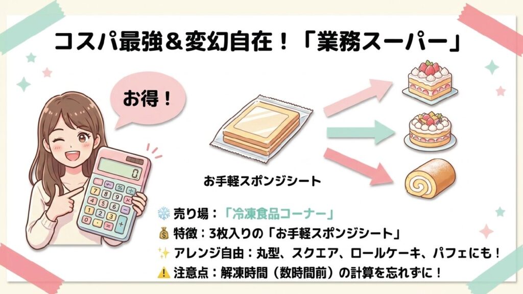 業務スーパーのお手軽スポンジシートを冷凍コーナーで探しアレンジできることを説明する画像