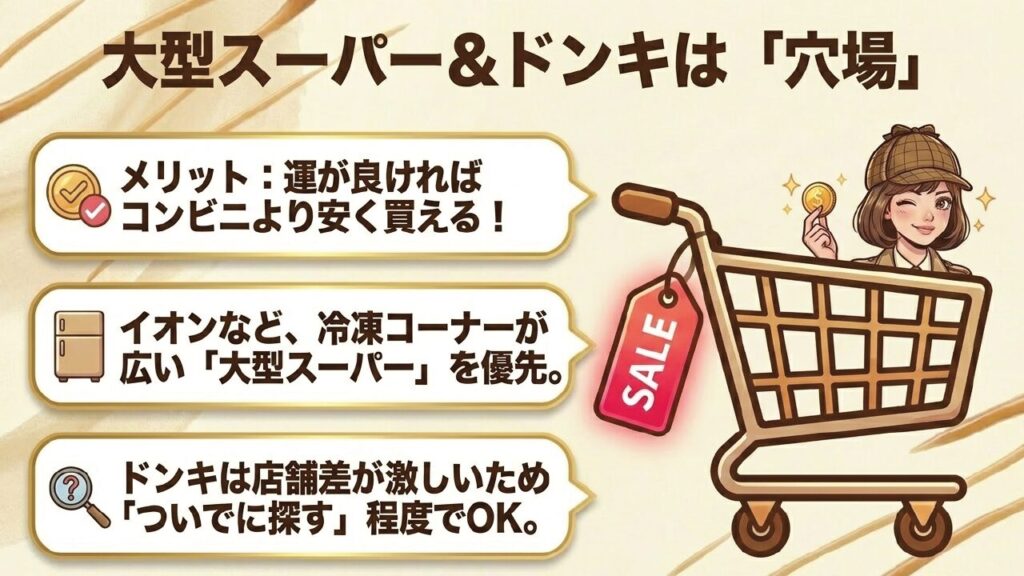 大型スーパーとドンキホーテは穴場。広い冷凍コーナーを探す