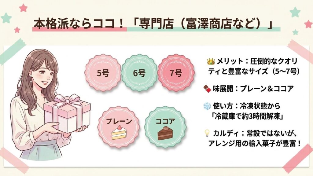 富澤商店などの専門店では5号6号7号やプレーンとココアなど本格的な冷凍スポンジケーキを選べる説明画像