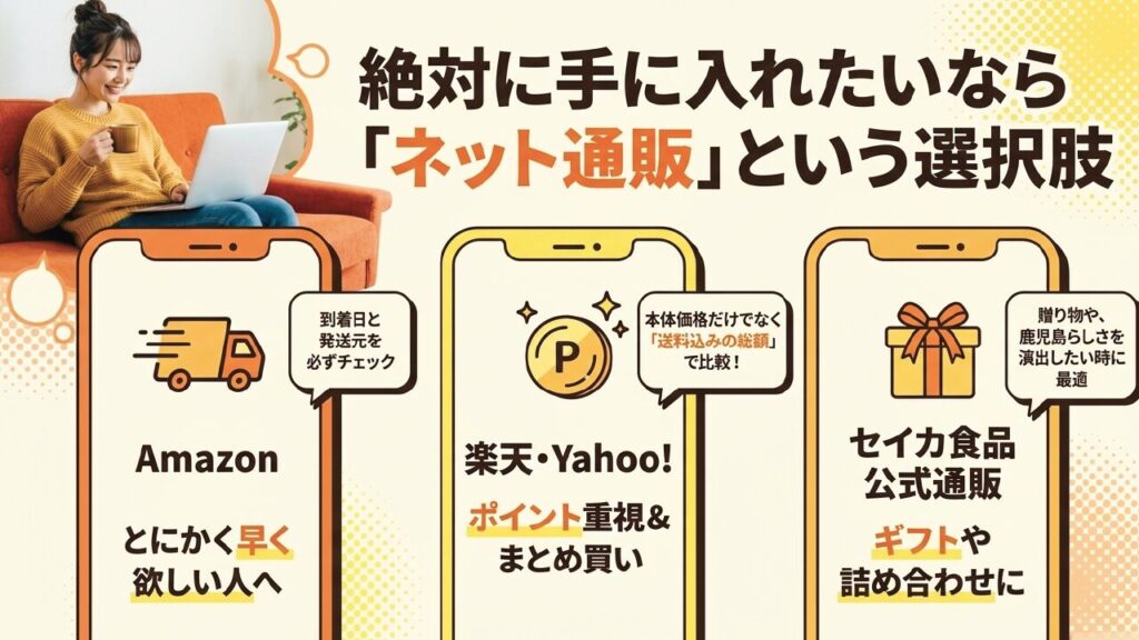Amazon、楽天、Yahoo!ショッピング、セイカ食品公式通販の特徴比較表