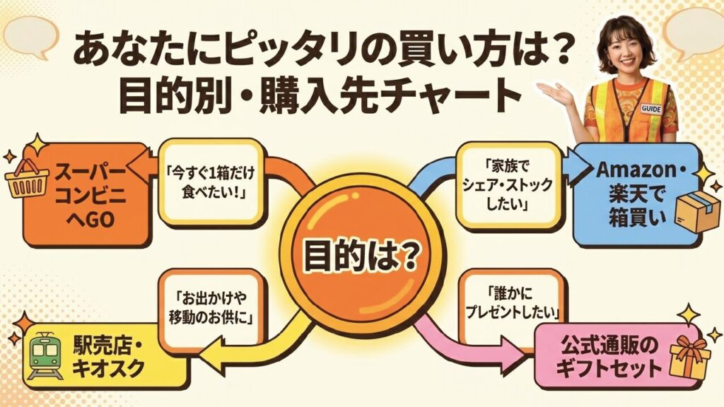 目的別のボンタンアメ購入先チャート。今すぐ食べたいならスーパー・コンビニ、まとめ買いなら通販など