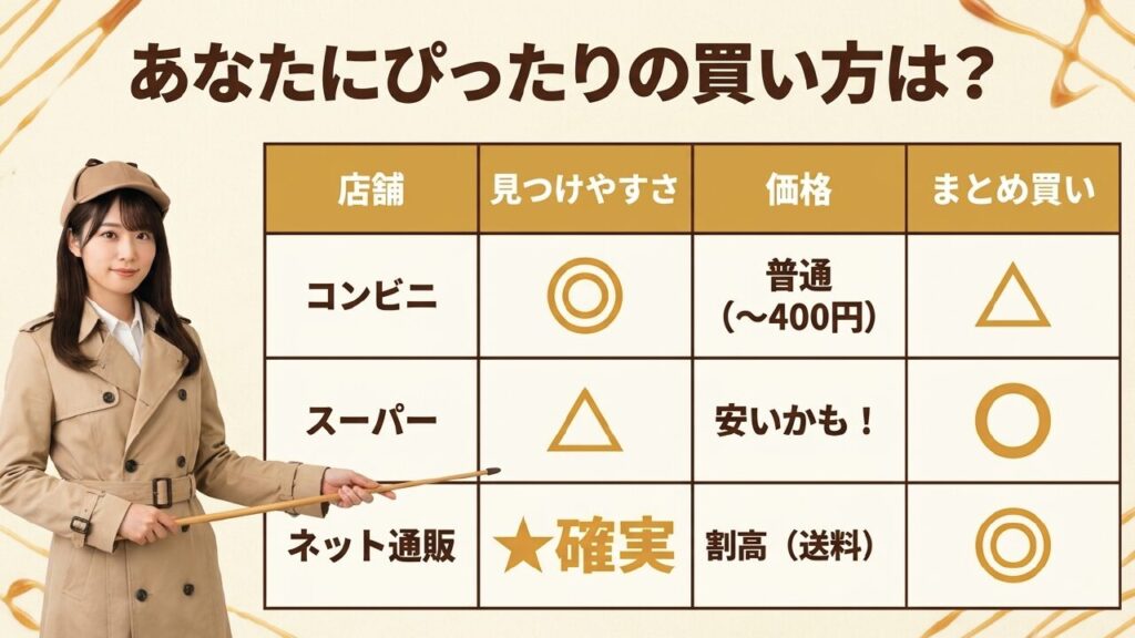 コンビニ、スーパー、ネット通販の買い方メリット比較表