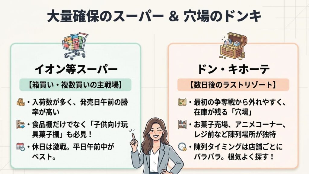 大量確保のスーパー＆穴場のドンキ