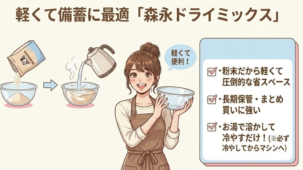 軽くて長期保管・備蓄に最適な森永の粉末ドライミックス