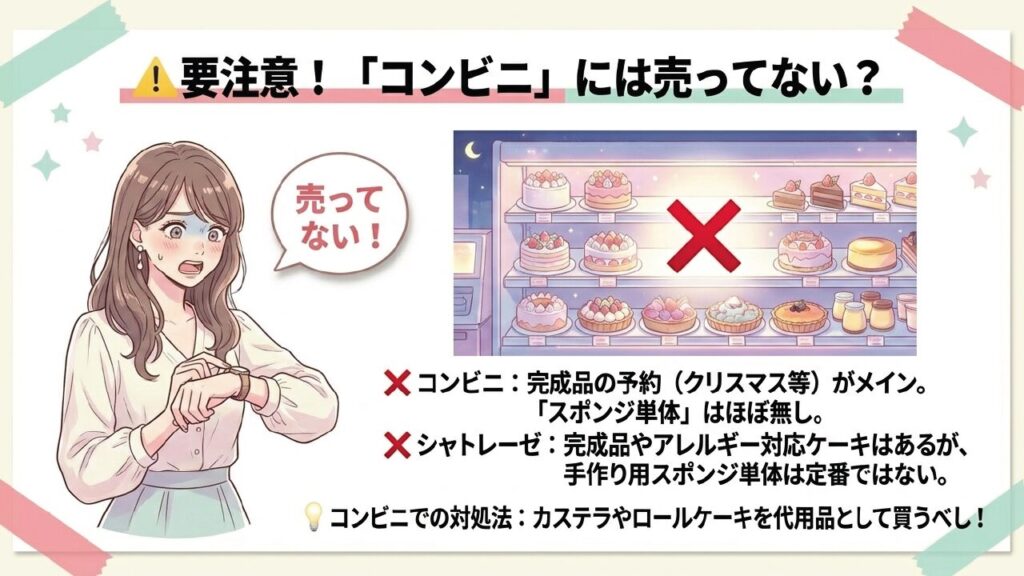 コンビニではスポンジケーキ台単体より完成品ケーキや代用品を探すのが現実的であることを説明する画像