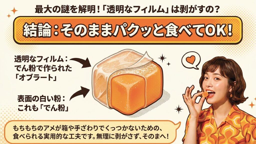 ボンタンアメの透明なフィルムはオブラート。そのまま食べてOKという解説