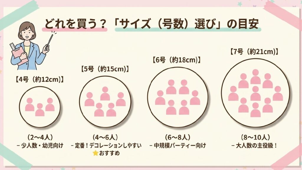 4号5号6号7号のスポンジケーキサイズと人数目安を比較する図解
