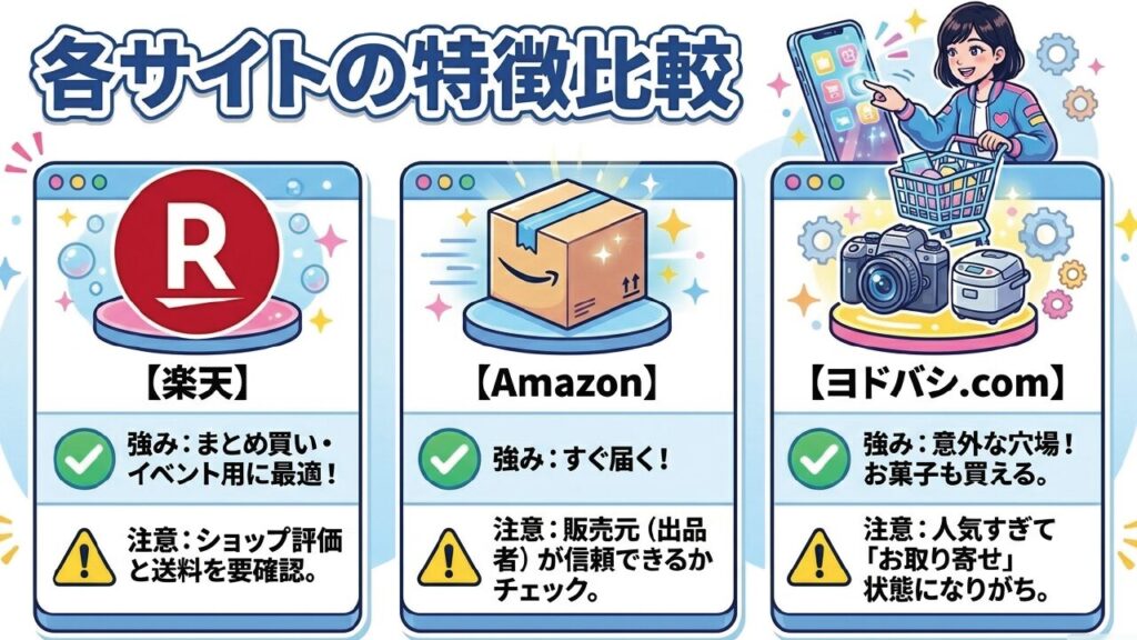 各サイトの特徴比較。楽天、Amazon、ヨドバシ.comの強みと注意点