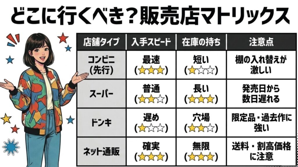 コンビニ、スーパー、ドンキ、通販の入手スピードと在庫の持ちを比較した販売店マトリックス