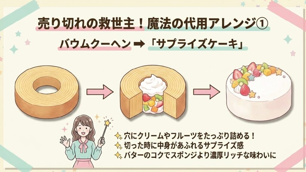 バウムクーヘンを使ってサプライズケーキ風にアレンジする方法を説明する画像