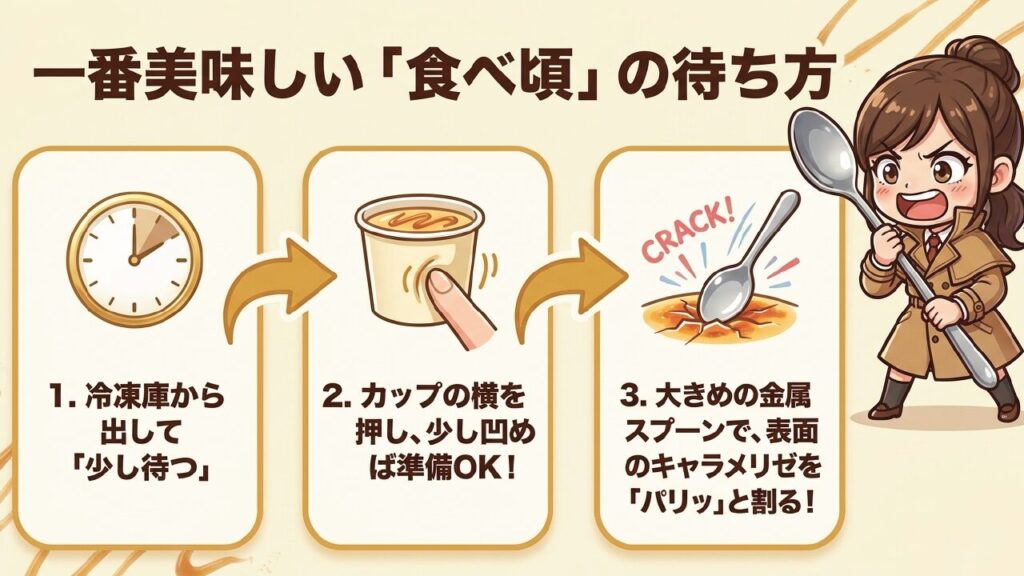 一番美味しい食べ頃の待ち方。冷凍庫から出して少し待ち、カップの横を押す