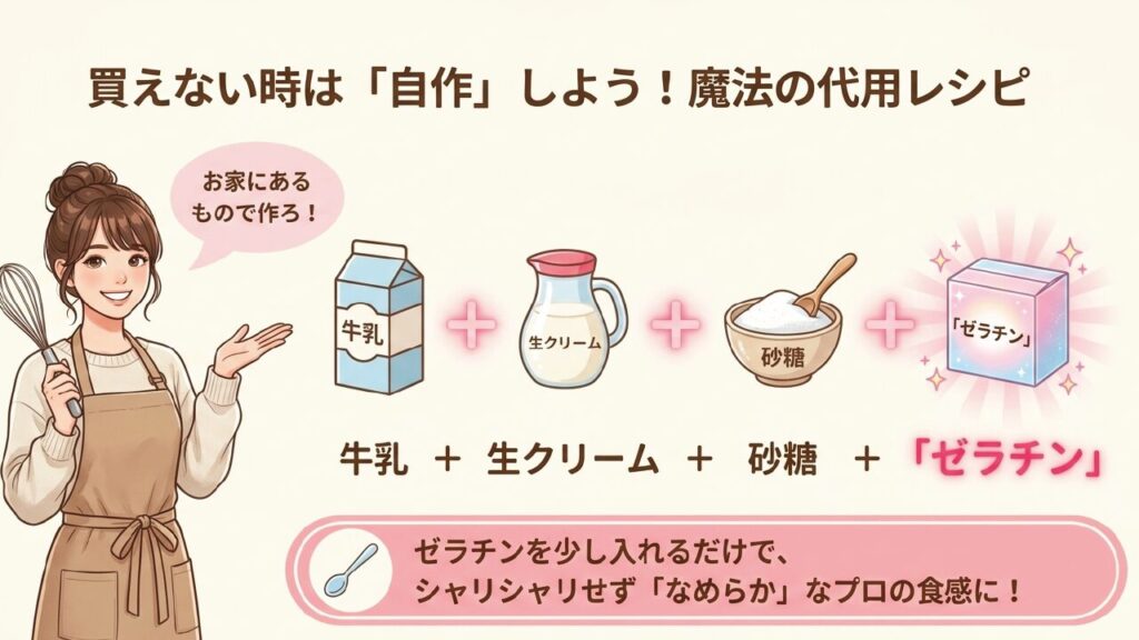 牛乳・生クリーム・砂糖・ゼラチンで作るソフトクリーム代用レシピ