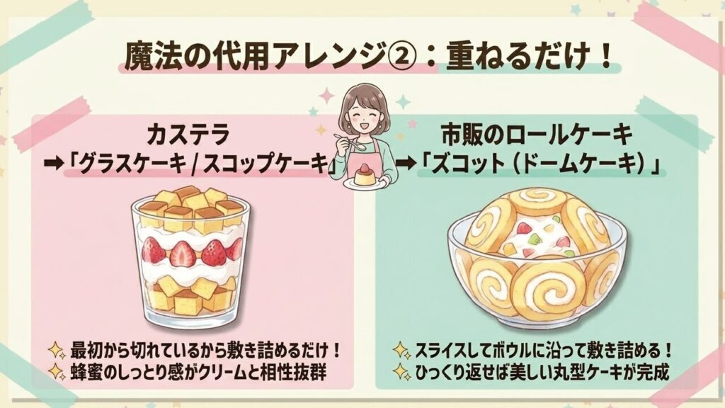 カステラでグラスケーキを作りロールケーキでズコット風ドームケーキを作る代用アレンジ画像