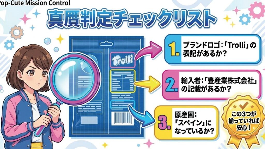 真贋判定チェックリスト。Trolliロゴ、豊産業株式会社、原産国スペインを確認