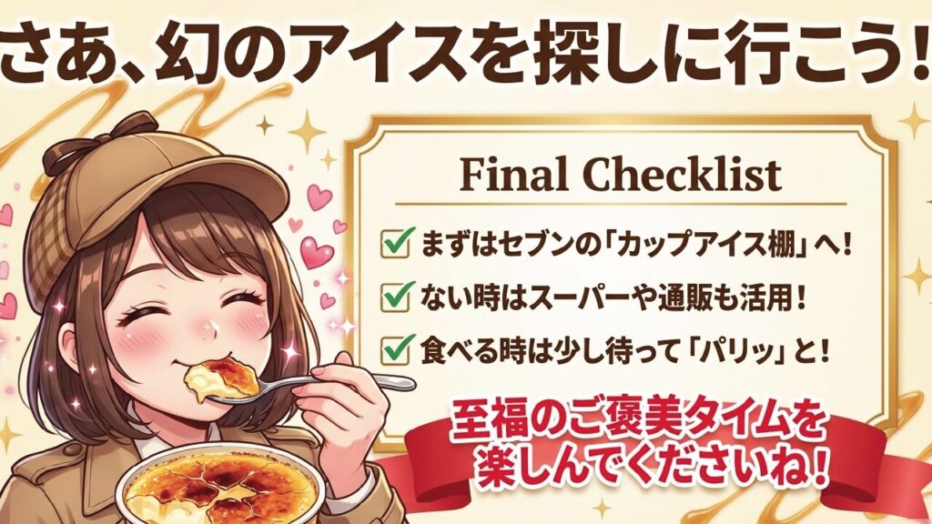 ブリュレアイスを探すための最終チェックリスト。至福のご褒美タイムを楽しんで