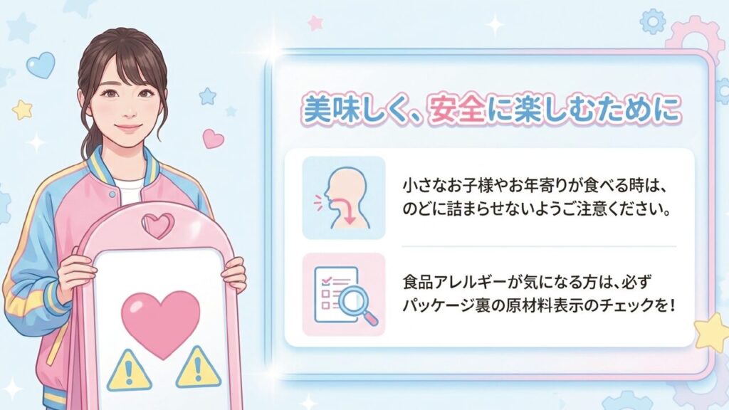 美味しく安全に楽しむために。のどに詰まらせないよう注意、アレルギー表示の確認
