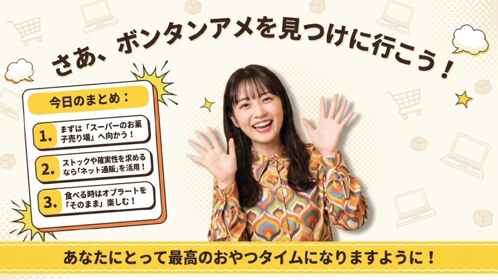 ボンタンアメ探し方のまとめ。スーパーのお菓子売り場へ向かう、ネット通販を活用、オブラートはそのまま楽しむ