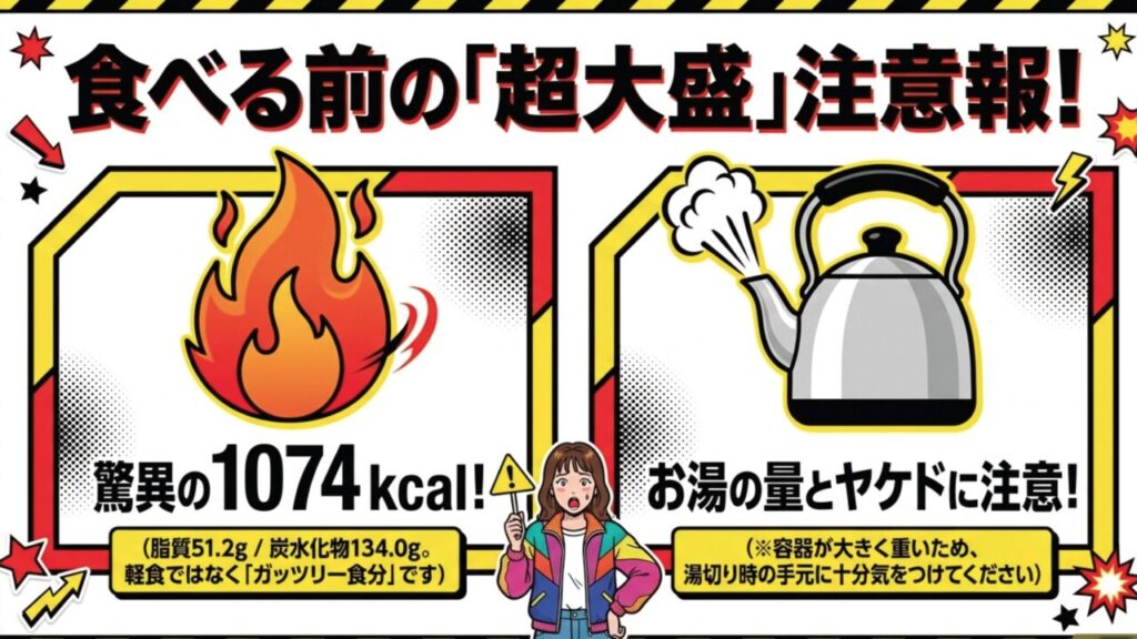 ペヤング超大盛の1074キロカロリーの注意報と湯切り時のやけど注意