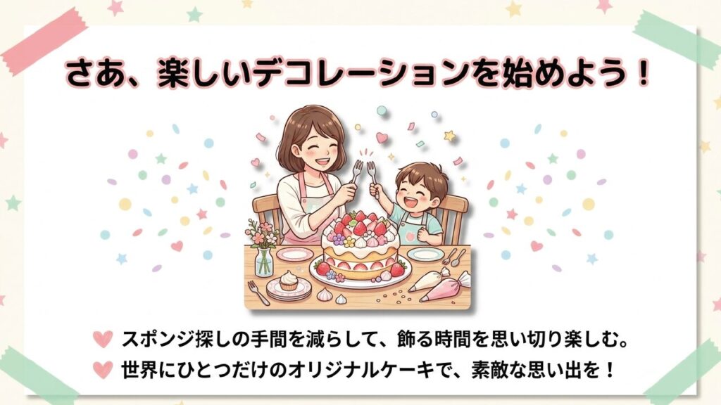 親子で市販スポンジケーキをデコレーションして楽しい思い出を作る締めくくり画像