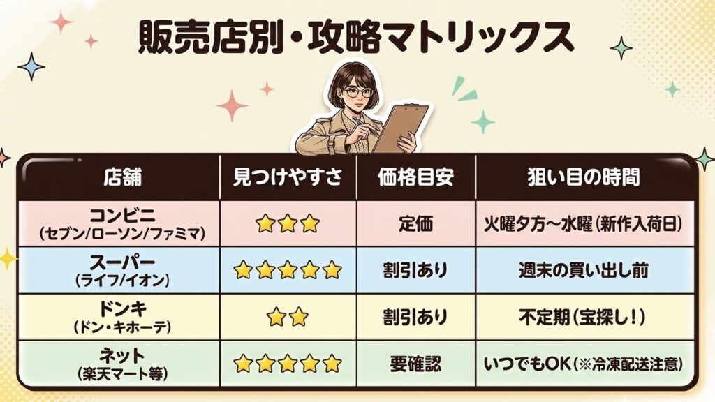 販売店別の見つけやすさ・価格目安・狙い目の時間をまとめた攻略マトリックス