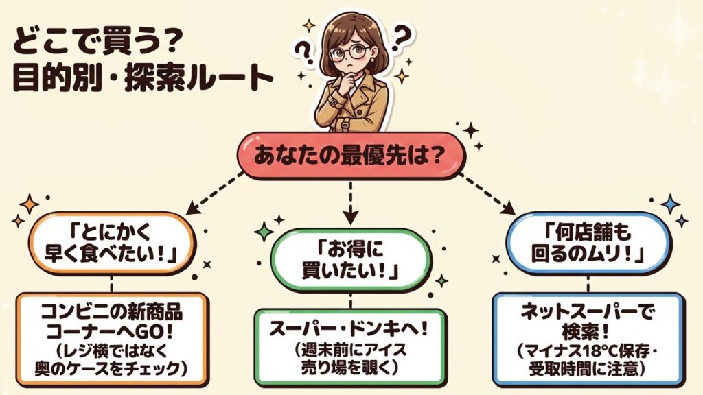 早く食べたい、お得に買いたいなど目的別のノアールアイス探索ルート