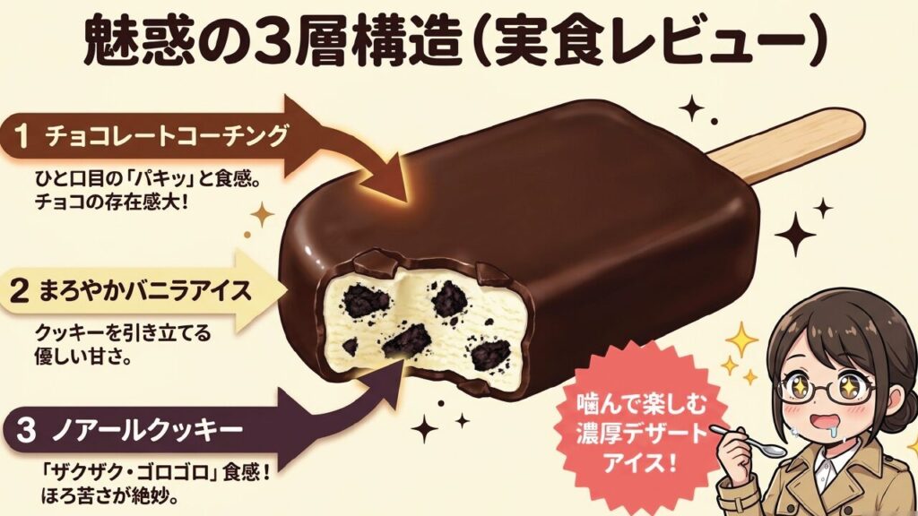 チョココーチング、バニラアイス、ノアールクッキーの3層構造と実食レビュー