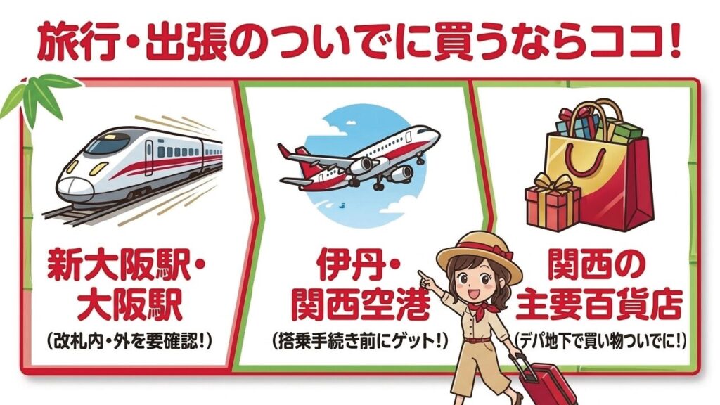 新大阪駅、大阪駅、空港、関西の主要百貨店での購入がおすすめ