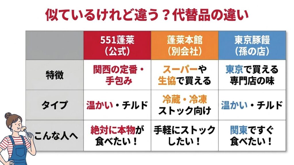 551蓬莱、蓬莱本館、東京豚饅の違いと特徴比較