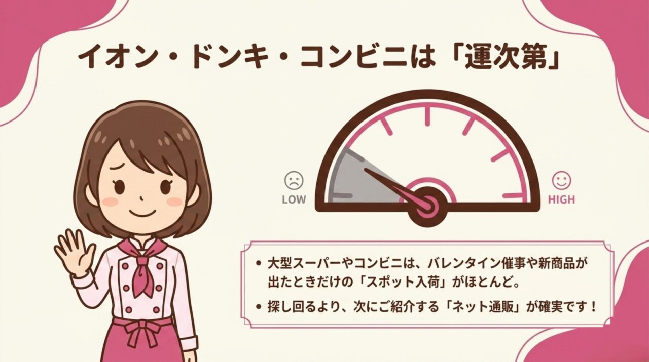 イオンやドンキ、コンビニではルビーチョコレートがスポット入荷中心であること