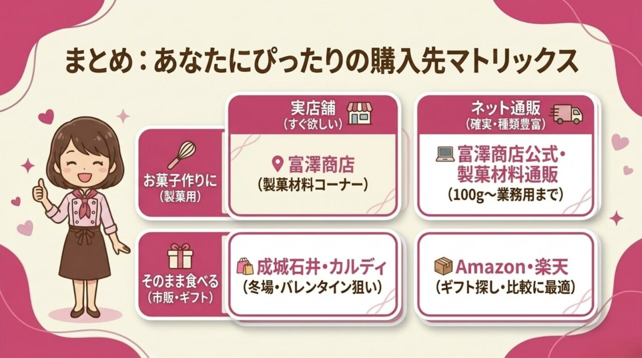 製菓用・市販ギフト別に実店舗と通販のおすすめ購入先を整理した図