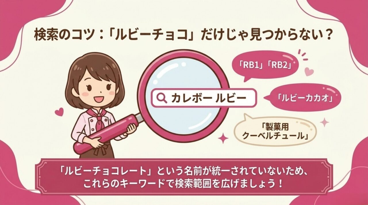 RB1、RB2、ルビーカカオ、製菓用クーベルチュールなどの検索語