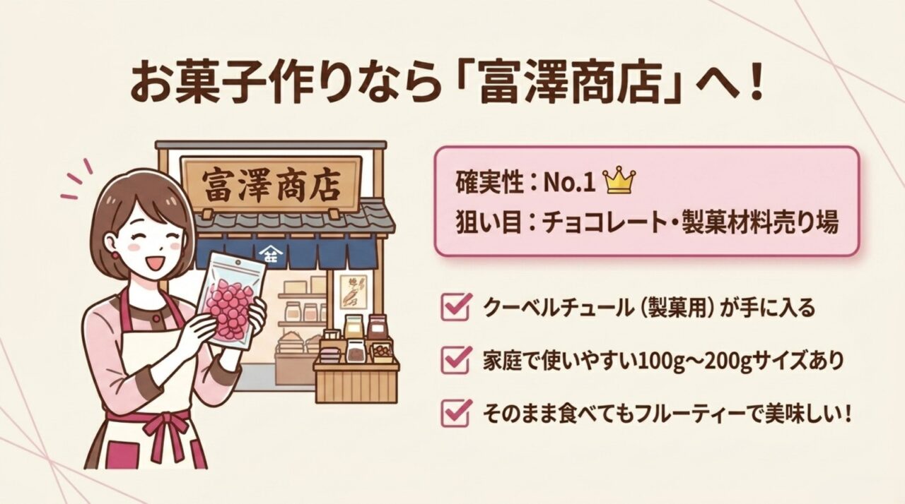 富澤商店の製菓材料売り場でルビーチョコレートを探すポイント